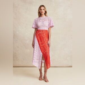 NWT PEARL BY LELA ROSE Geometric Lace Asymmetrical Midi Dress 16